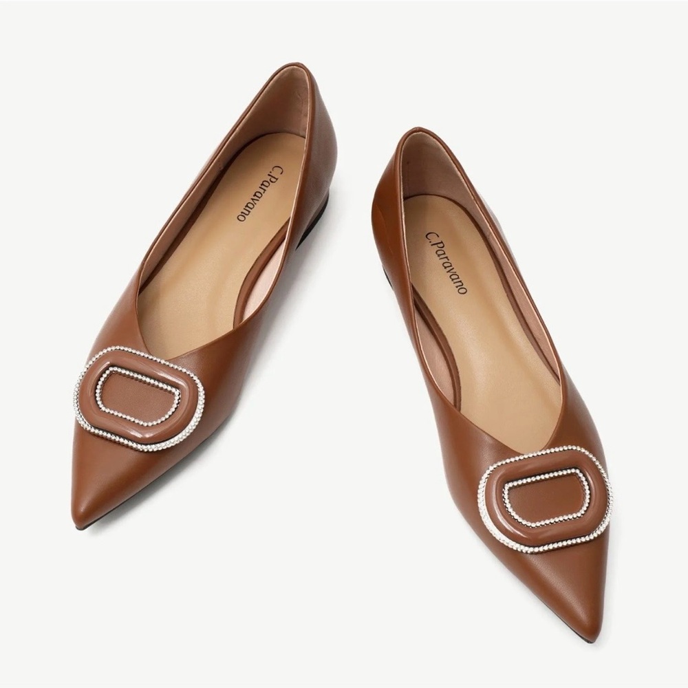 Brown Pointed Toe Flats with Buckle